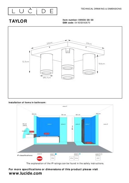 Lucide TAYLOR - Spot plafond Salle de bains - LED Dim to warm - GU10 - 4x5W 2200K/3000K - IP44 - Noir - technique